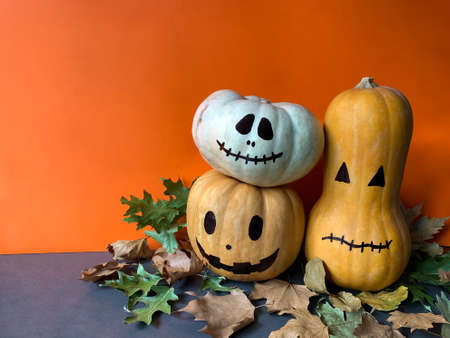Halloween background with tree painted face pumpkins and autumn leaves on orange background with copy spaceの写真素材