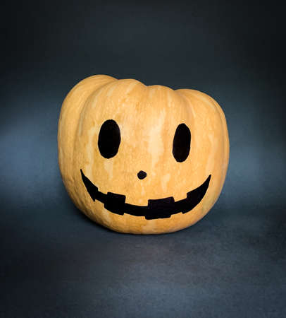 Halloween pumpkin head jack lantern isolated on black backgroundの写真素材