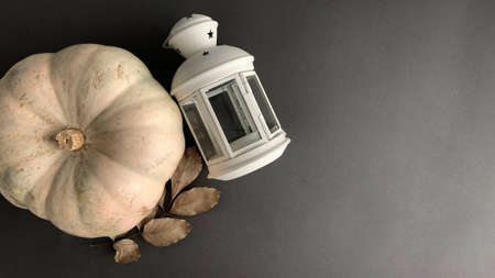 Top view creative background with pumpkin and white lantern on dark surface with copy spaceの写真素材