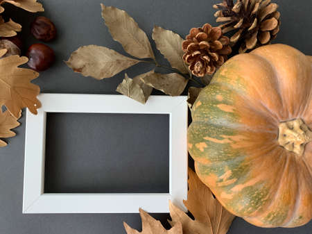 Celebration autumn Thanksgiving composition mock up with white photo frame, pumpkin, leaves and pine cones.  Flat lay top view with blank spaceの写真素材