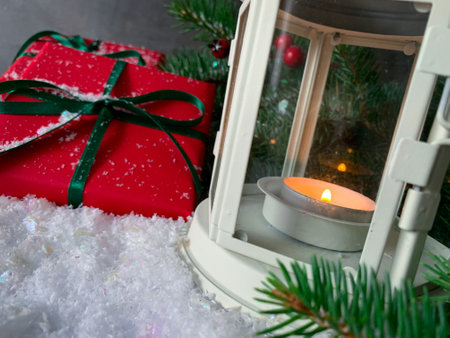 Snowy christmas decorations. New Year. Noel, Merry Christmas and Happy Holidays greeting card, frame, banner.の写真素材