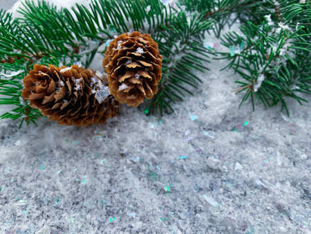 Christmas tree on snowy background. New Year. Noel, Merry Christmas and Happy Holidays greeting card, frame, banner.の写真素材