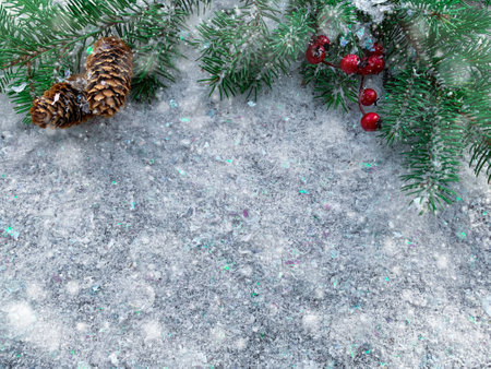 Winter background with fir branches cones on snow.の写真素材