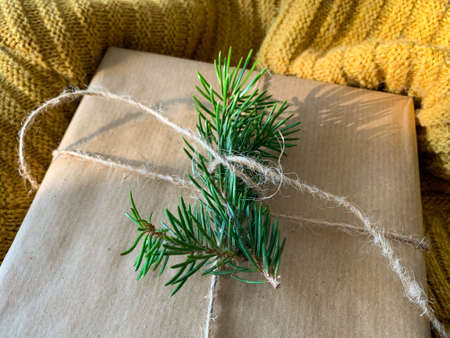Christmas present decorated with fir branch and twine on a knitted fabric background. Home sweet home, selective focus holiday concept.の写真素材