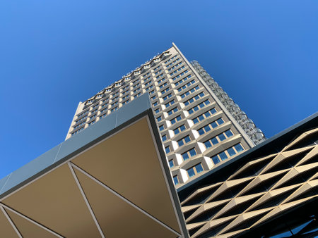 Burgas, Bulgaria, 24 August 2020: The renovated facade of the modern business Hotel Bulgaria located...