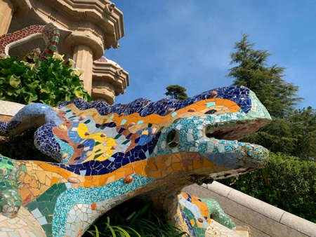 The famous mosaic lizard sculpture in Park Guell, designed by Antoni GaudÃ­. Barcelona,...