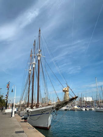 Barcelona, Spain, 10 March 2020 - Pailebot Santa EulÃ lia a three mast vessel - ship from Museu...