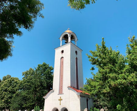 Haskovo, Bulgaria, 23 June 2020: Bell tower over the main entrance of The Church Dormition of the Mother of God.のeditorial素材