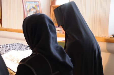 Nuns in church of a female monasteryの写真素材