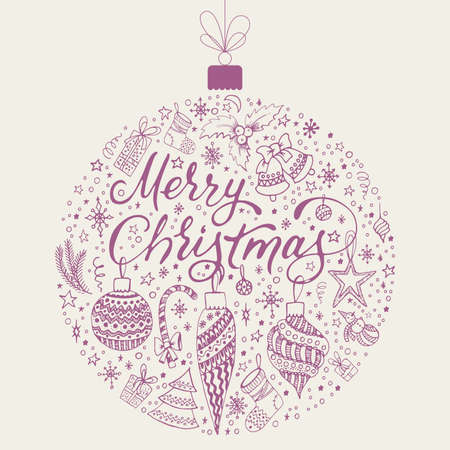 Large set of Christmas icons in the shape of a Christmas ball. Cute hand-drawn vector illustration. Holiday elements for greeting cards, posters, stickers and design. Isolated on a light background.のイラスト素材