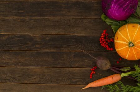 Autumn farm harvest with pumpkin, corn and carrots on a wooden table.の写真素材