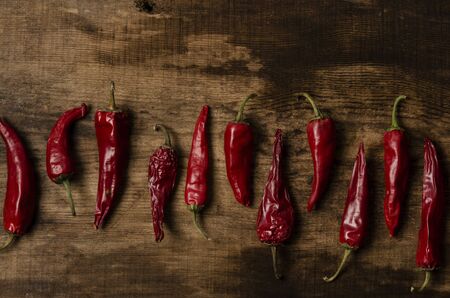 Dried Chili Peppers on the wooden