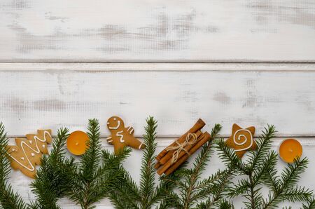 gingerbread christmas cookies on white woodenの写真素材