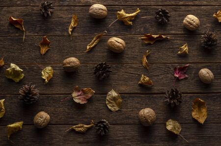 pattern of autumn leaves, cones and nuts on a wooden
