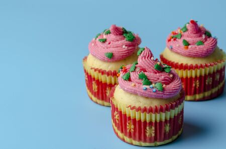 Christmas cupcake on blue background with copyの写真素材