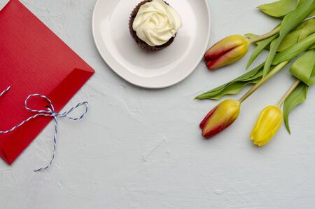 tasty cupcakes and tulip. Mothers day celebrationの写真素材