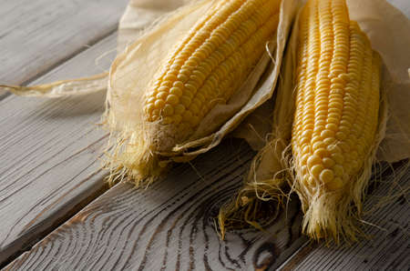 Fresh corn on cobs on rustic wooden table