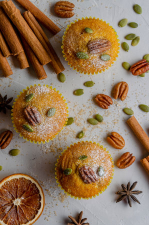 Homemade Pumpkin Muffins with Pecan nuts. thanksgiving.の写真素材