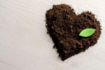 Heart shaped dry soil on white wooden background. Earth day concept.