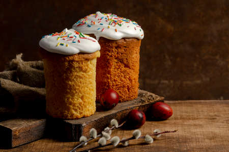 Easter cake with onion painted eggs with willow, russian orthodox