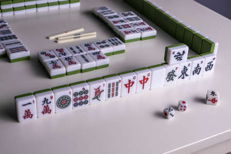 Mahjong. Riichi Mahjong set for playing. Space for text.の写真素材
