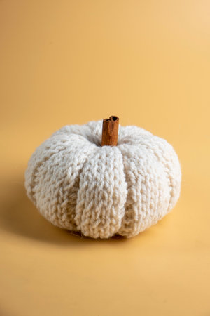 Knitted pumpkins on an colorful background, autumn composition.の写真素材