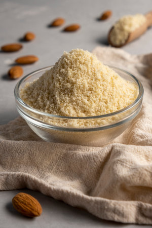 Almond flour and almonds in bowls. Gluten free food concept.の写真素材