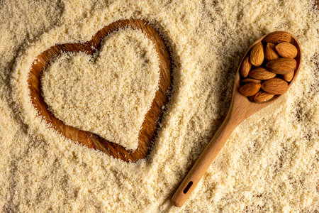 Almond flour and almonds in wooden spoon. Gluten free food concept.の写真素材