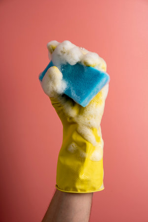 Hand in yellow glove with sponge in foam on pink background. Cleaning concept.の写真素材