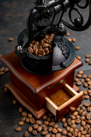 Vintage coffee grinder. Manual coffee grinder for grinding coffee beans on dank background.の写真素材
