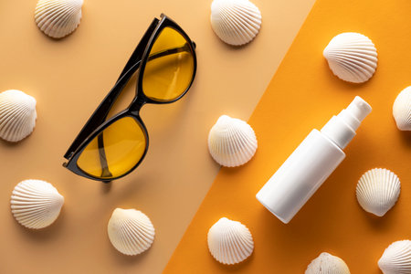 Plastic tube with sunscreen cream on beige background with seashells.の写真素材