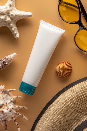 Plastic tube with sunscreen cream on beige background with seashells.の写真素材