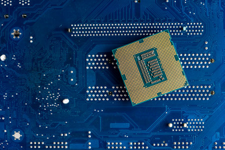 Computer processor CPU chip on the motherboard.