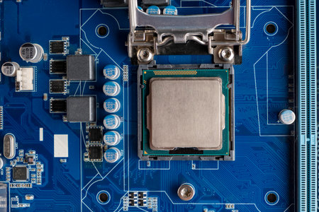 Computer processor CPU chip on the motherboard.