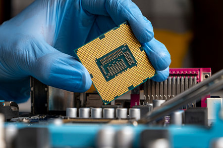 Gloved hand holding microprocessor near the motherboard.の写真素材
