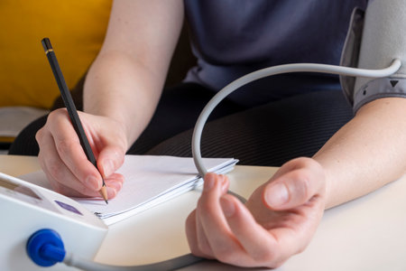 Young woman control blood pressure with BP monitor and records results in notebook.