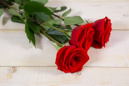 Three red roses on a light wooden background is the best gift for Valentines day or mothers day. Photo with a copy of the space for your caption on the backgroundの写真素材