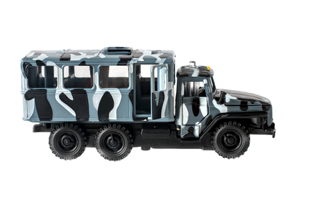 Model of the military car for transportation of soldiers on a white backgroundの写真素材