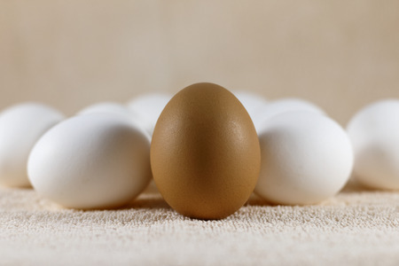 White and brown eggs on a towelの写真素材