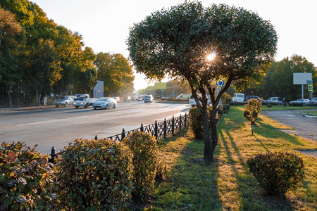 In the evening at sunset at the intersection of roadsの写真素材