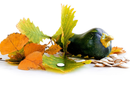Green pumpkin with autumn leaves on a tableの写真素材