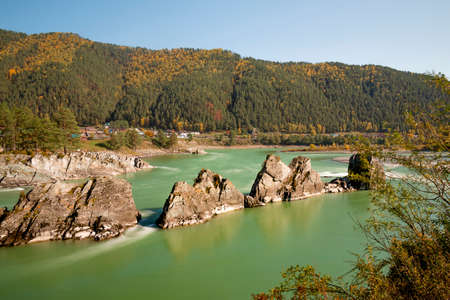 Mountain turquoise river Katun in the Altai Republic in Russiaの写真素材