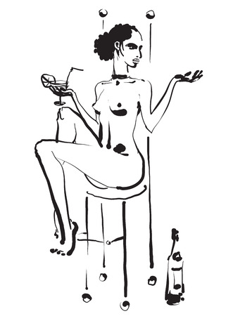 Hand drawn black and white vector sketch of a sexy nude young woman with a cocktail glass in hand sitting on the high chair in the bar.のイラスト素材