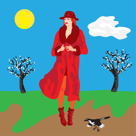 Flat style vector illustration of a beautiful fashionable Asian woman in red and a spring countryside in the background.のイラスト素材