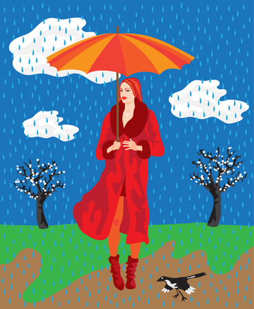 Flat style vector illustration of a beautiful fashionable Asian woman in red and a spring countryside in the background. It's raining.のイラスト素材