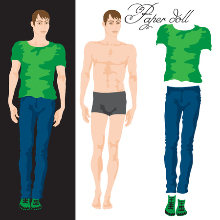 Dress up paper doll. Flat style vector illustration of a beautiful fashionable young man.のイラスト素材