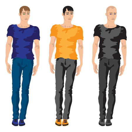 Flat style vector illustration of a beautiful fashionable young man. 3 different color schemes.のイラスト素材