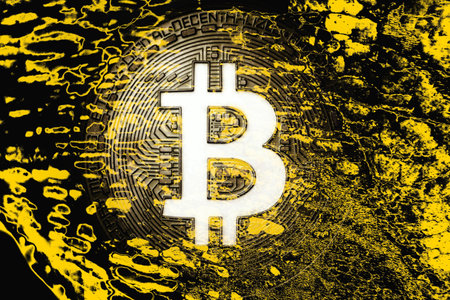 Bitcoin on abstract background. Bitcoin. Cryptocurrency background conception.の写真素材