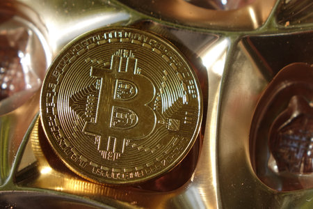 Bitcoin on abstract background. Bitcoin. Cryptocurrency background conception.の写真素材