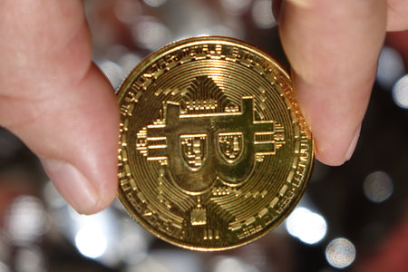 Bitcoin on abstract background. Bitcoin. Cryptocurrency background conception.の写真素材